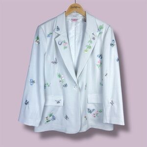 Vintage Embroidered White Butterfly Blazer 14 - Floral, Cottagecore, Garden
